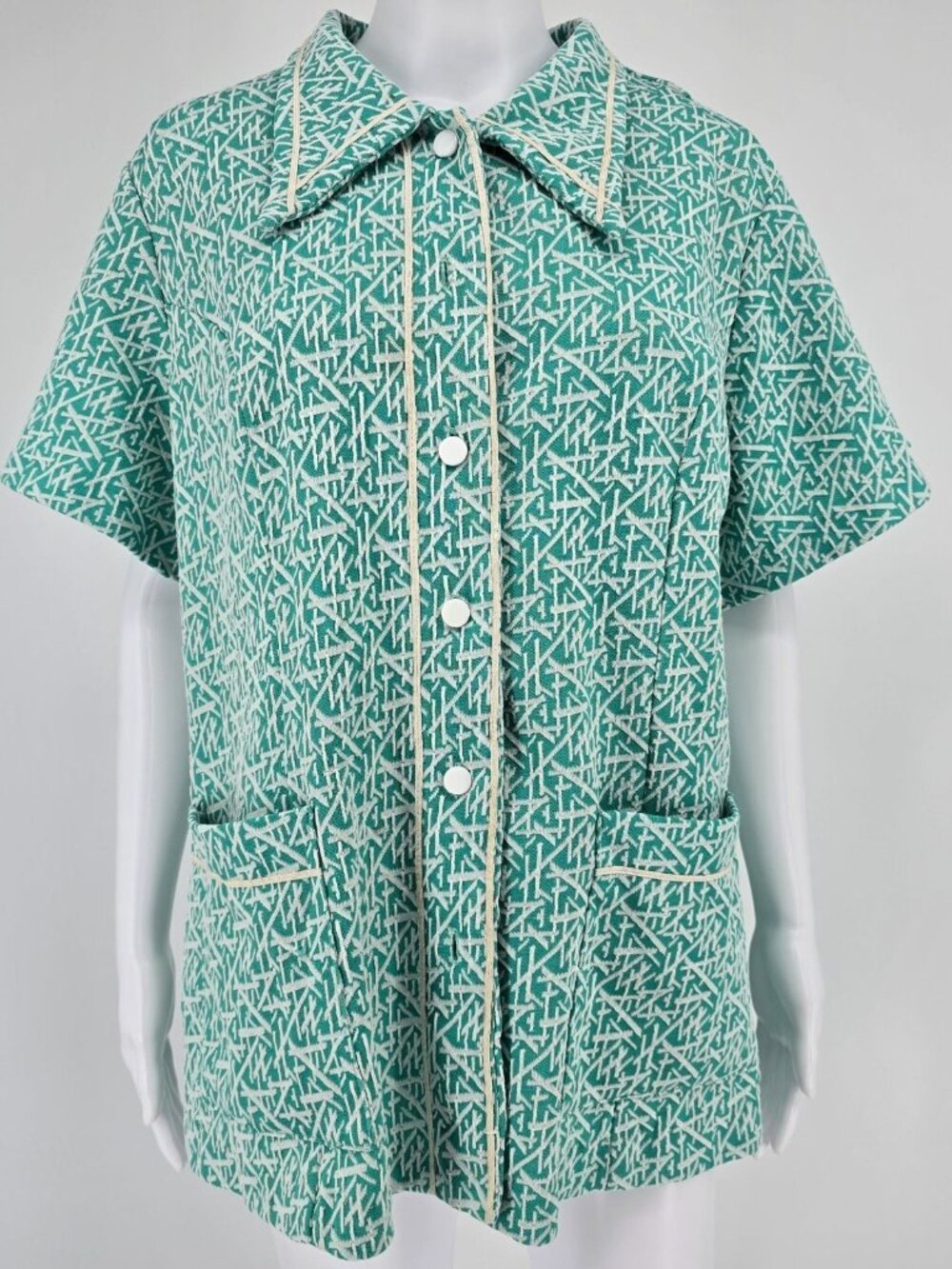 Vintage 1970s Turquoise Abstract Print Snap Front Housecoat Top (XL/XXL)